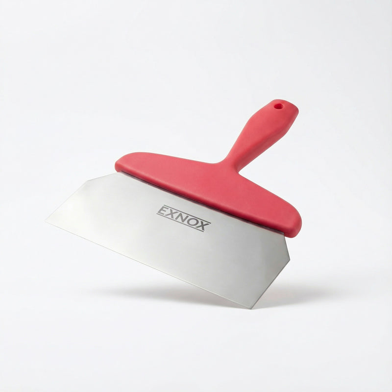 Red-handled knife with 'Exnox' branding on a white background