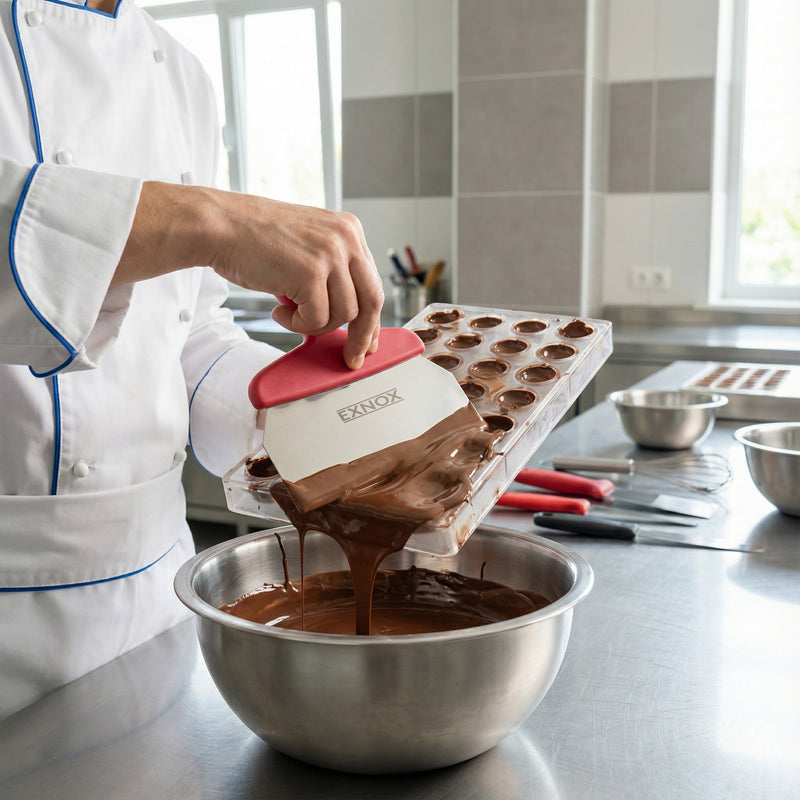 Person pouring chocolate into a silicone mold with EXNOX branding in a kitchen setting.