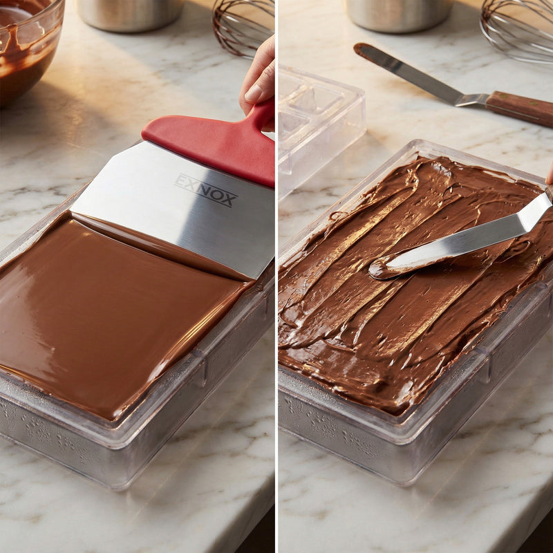 Chocolate being spread into a mold with a spatula on a marble surface.