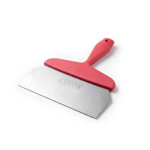 Red-handled scraper with metal blade on a white background