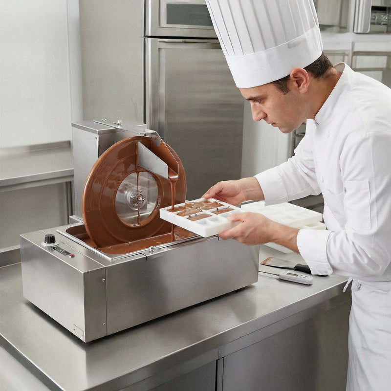 Chef using a chocolate cutting machine in a kitchen setting