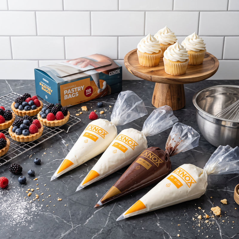 A high-angle, studio-lit shot of a kitchen countertop featuring baking supplies. In the foreground, four clear disposable pastry bags filled with frosting—three with white cream and one with chocolate ganache—are arranged diagonally on a dark grey marble surface. Each bag is branded with the "EXNOX" logo. To the left, a wire cooling rack holds several small fruit tarts topped with fresh raspberries and blackberries. In the background, a wooden cake stand displays four frosted cupcakes, positioned next to a 