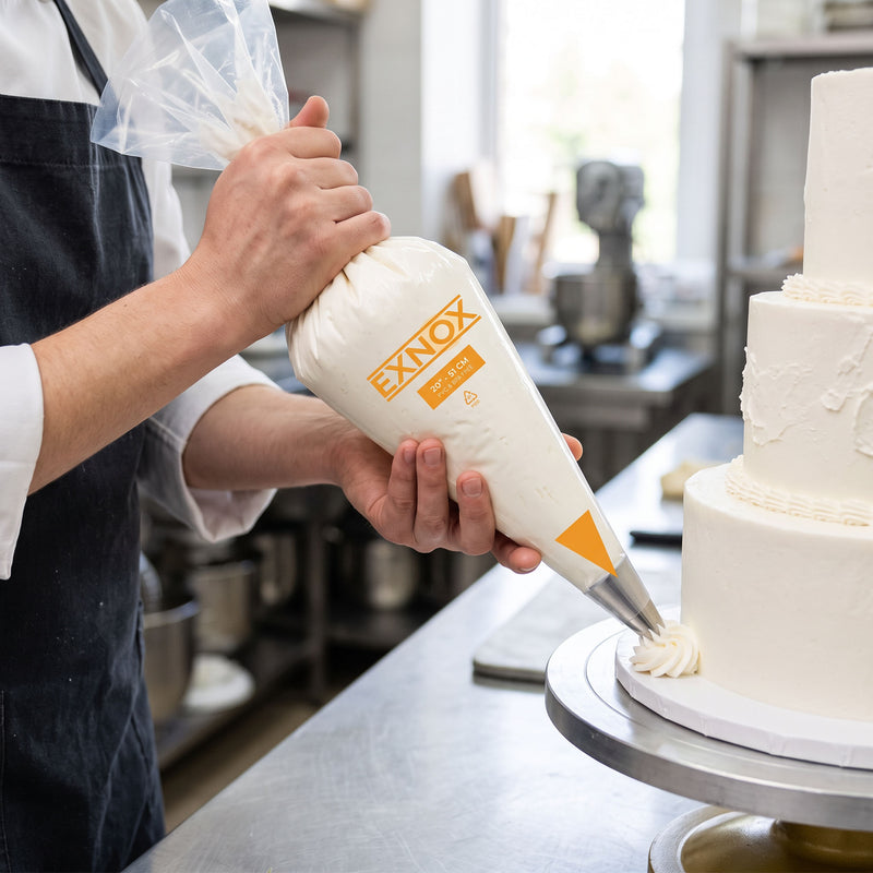 A close-up, eye-level shot of a professional pastry chef in a white uniform and black apron decorating a multi-tiered white wedding cake. The chef is holding a large, clear plastic piping bag filled with white frosting, which features the orange brand logo "EXNOX" printed on the side. The chef's hands are positioned to squeeze the bag, applying a decorative frosting swirl to the base of the cake. The cake sits on a rotating metal cake stand on a stainless steel kitchen counter. The background is a slightly 