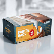 A product packaging box for "Disposable Pastry Bags" positioned at a three-quarter angle on a reflective white surface. The box features a dark blue side panel with the brand name "EXNOX" and a large, central yellow rectangular label on the front face containing the text "DISPOSABLE PASTRY BAGS" and a red circle indicating "110 BAGS." The top of the box displays a high-quality photographic image of a hand using a piping bag to decorate a cake. The right side panel lists product features such as "Extra stron